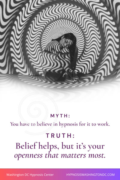 Woman surrounded by hypnotic spiral pattern with myth and truth text about hypnosis effectiveness – Washington DC Hypnosis Center