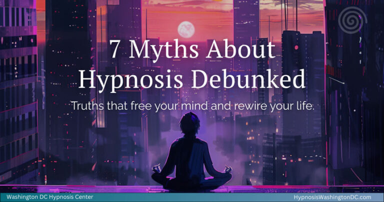 Person meditating in a futuristic city at sunset with text overlay ‘7 Myths About Hypnosis Debunked – Truths that free your mind and rewire your life