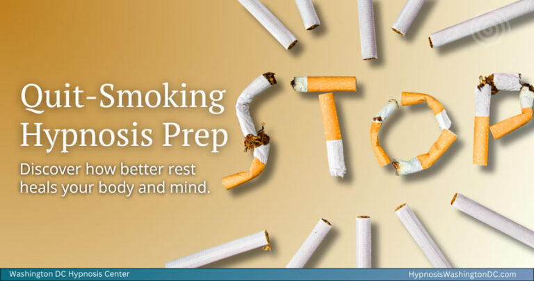 Quit-smoking hypnosis prep visual from Washington DC Hypnosis Center showing broken cigarettes spelling STOP