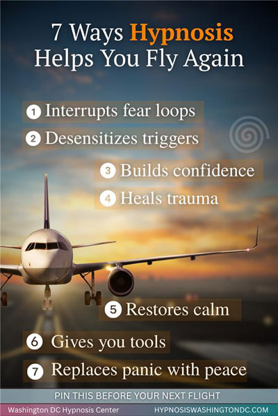 Infographic showing 7 ways hypnosis helps overcome fear of flying, including calming anxiety, desensitizing triggers, building confidence, and replacing panic with peace – Washington DC Hypnosis Center