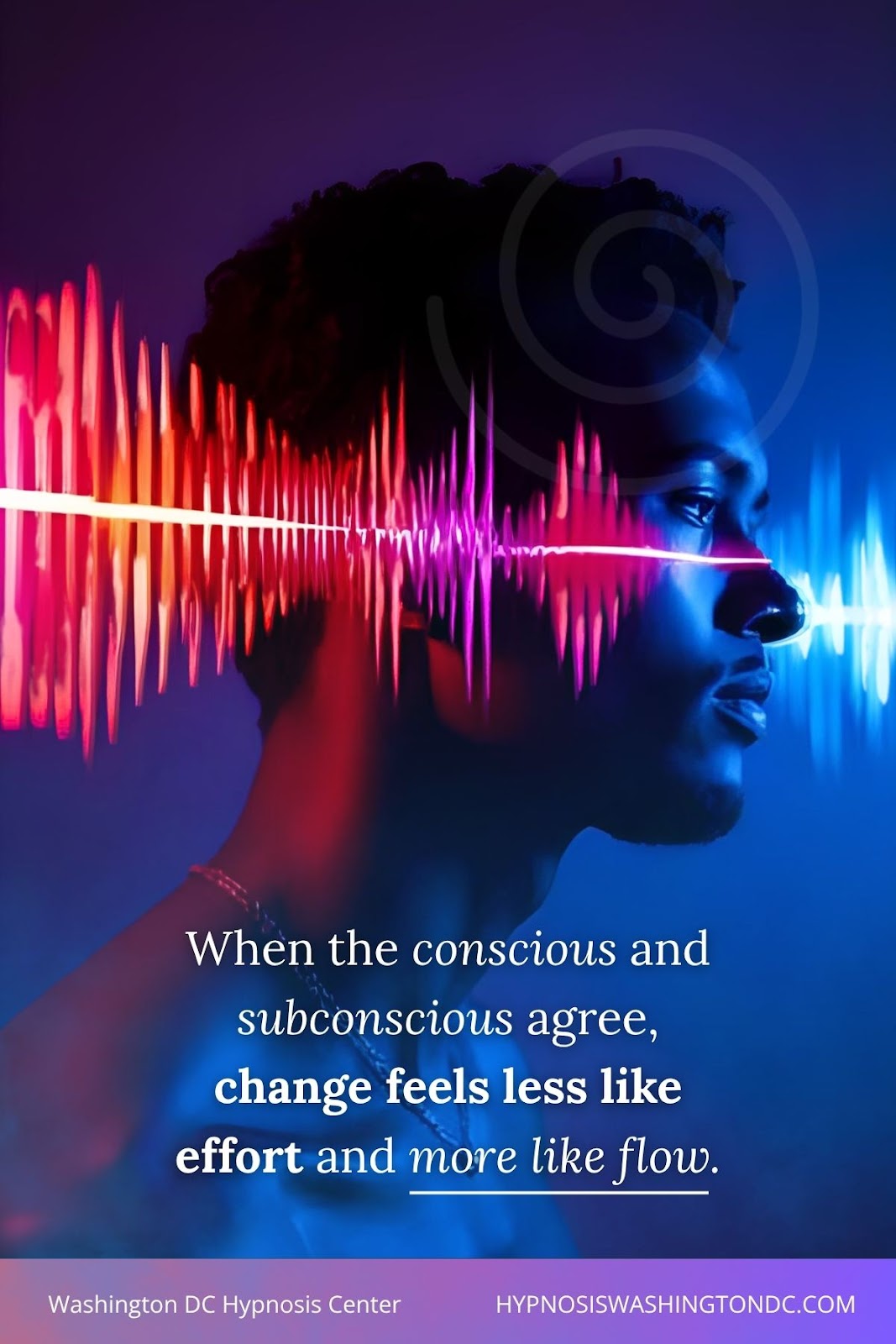 Profile of focused man surrounded by colorful brainwave lines, representing subconscious mind alignment and inner flow