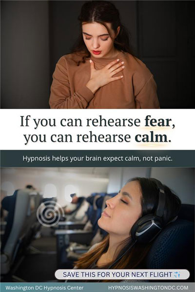 Woman practicing hypnosis for fear of flying, shifting from anxiety to calm during airplane travel with Washington DC Hypnosis Center