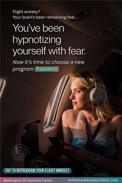 Blonde woman on airplane wearing headphones looking out window with text about overcoming flight anxiety and reprogramming fear with hypnosis – Washington DC Hypnosis Center