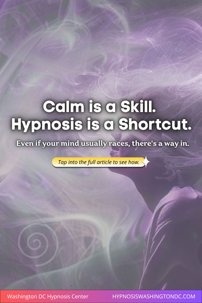 Silhouetted woman surrounded by soft lavender and white smoke, representing hypnosis as a shortcut to mental calm and clarity.