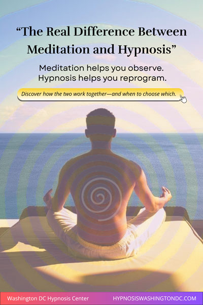 Man meditating by the ocean with spiral hypnosis overlay – difference between meditation and hypnosis explained by Washington DC Hypnosis Center