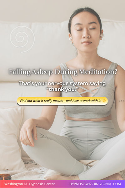 Young woman meditating at home with eyes closed, showing relaxation and nervous system reset during meditation by Washington DC Hypnosis Center