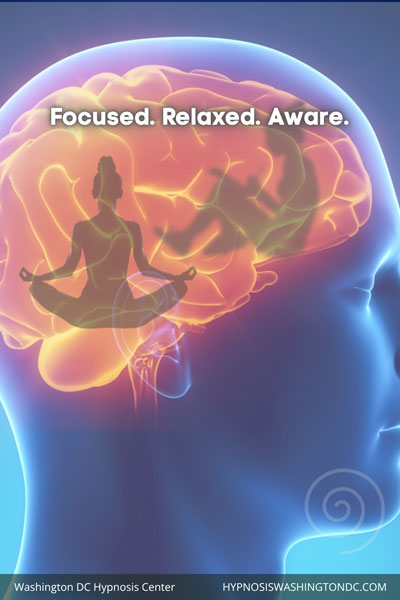 Smiling woman raising arms in victory after successful weight loss on scale. Overlay: Focused. Relaxed. Aware.