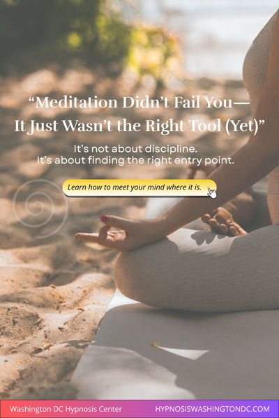 Close-up of woman meditating on the beach with overlay text: 'Meditation didn’t fail you—It just wasn’t the right tool (yet).' CTA button invites viewers to meet their mind where it is, gently.