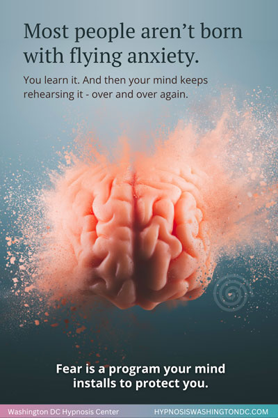 Brain image with particles symbolizing flying anxiety as a learned pattern, hypnosis helps rewire fear responses – Washington DC Hypnosis Center
