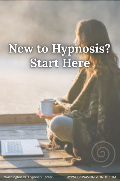 Woman sitting by a misty lake with coffee and laptop, symbolizing inner calm. Overlay text reads: “New to Hypnosis? Start Here – Start Your Journey Into the Subconscious.