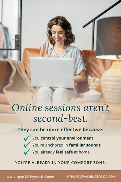 Smiling woman in headphones waving during an online hypnosis session from home with text overlay about the benefits of virtual sessions