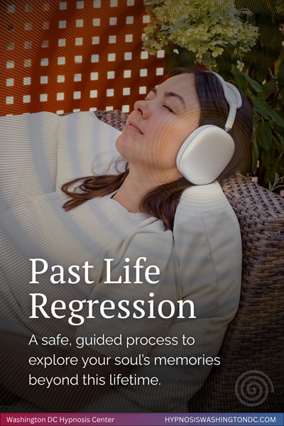 Woman in relaxation with headphones experiencing past life regression hypnosis session in Washington DC