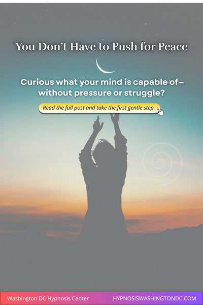 Silhouette of woman raising arms at sunset with crescent moon symbolizing peace and hypnosis for calm mind – Washington DC Hypnosis Center