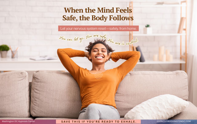 Smiling woman relaxing on couch with arms behind head, feeling safe, calm, and in control through hypnosis for stress relief
