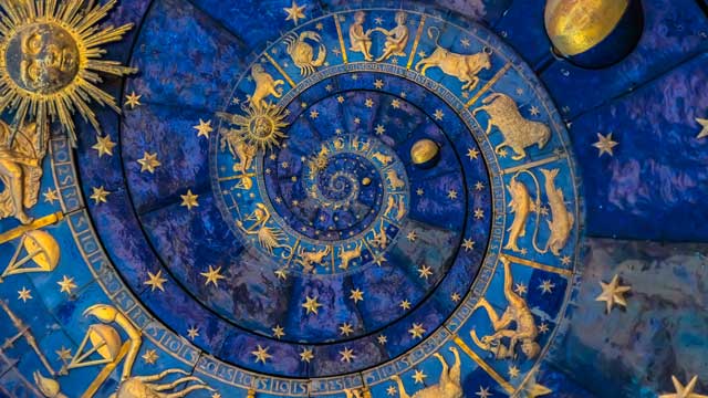 Golden zodiac signs in a cosmic spiral design on a deep blue background, symbolizing astrology, cosmic cycles, and spiritual exploration